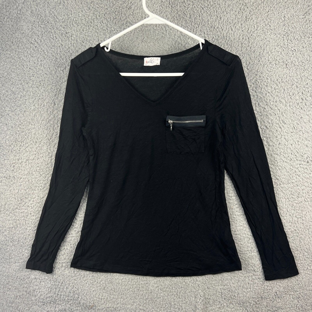 Glitz Women Pocket Sweater Medium Black Solid Long Sleeve V-Neck Shoulder Accent